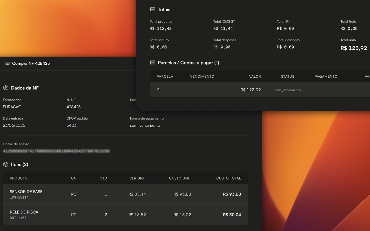 Detalhe de NF de compra no Operify: dados da nota, totais de ICMS-ST, IPI, frete, seguro, parcelas de contas a pagar e itens com custo unitário rateado