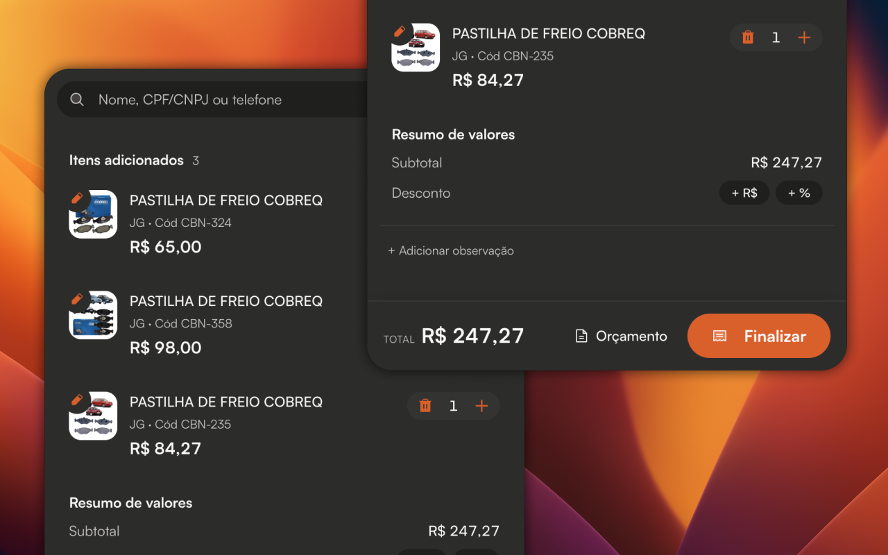 PDV mostrando itens adicionados, resumo de valores com subtotal R$ 247,27, desconto em R$ ou porcentagem, observação e botão Finalizar