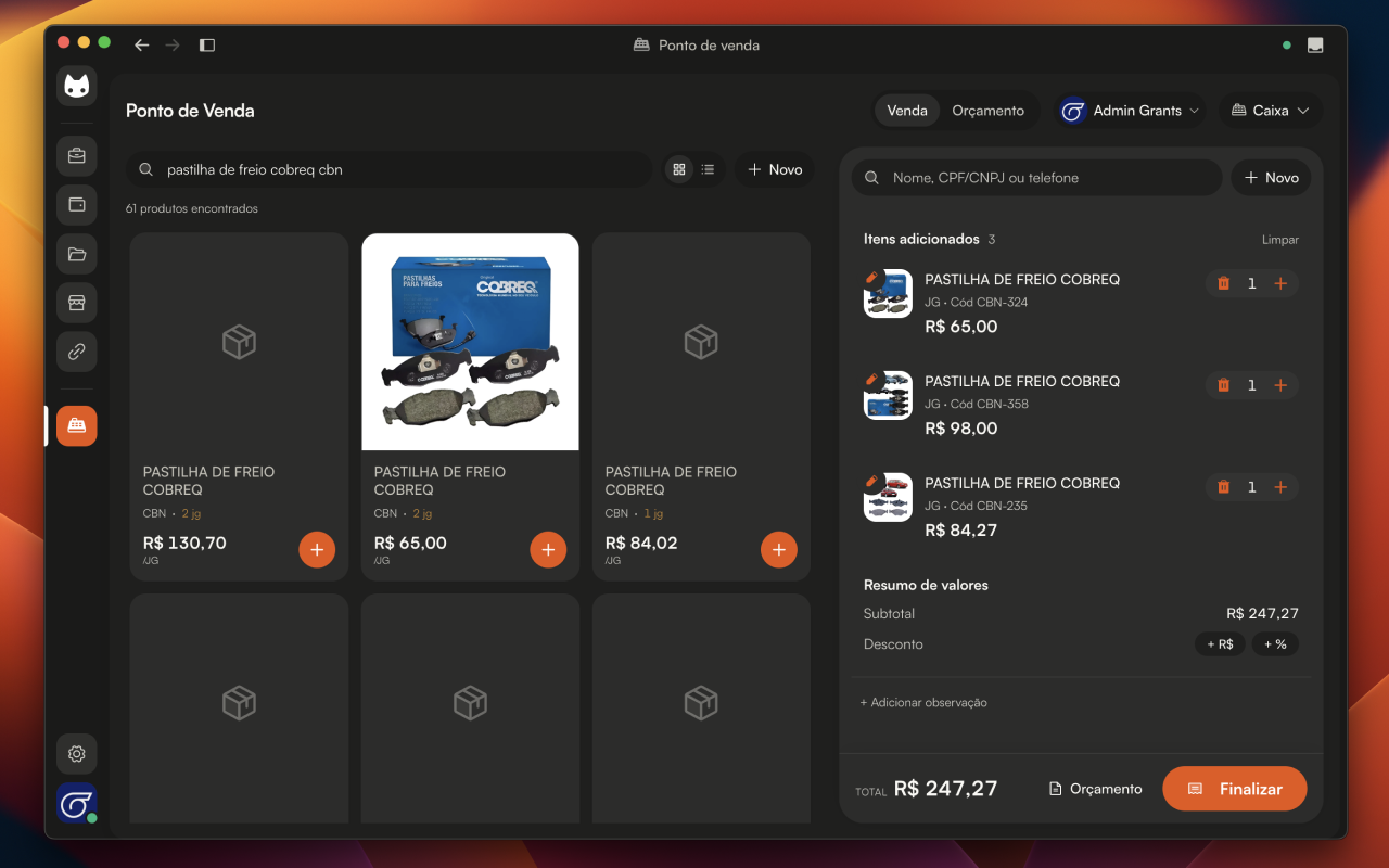 PDV do Operify mostrando grid de produtos com imagens reais, código EAN, código interno e preço
