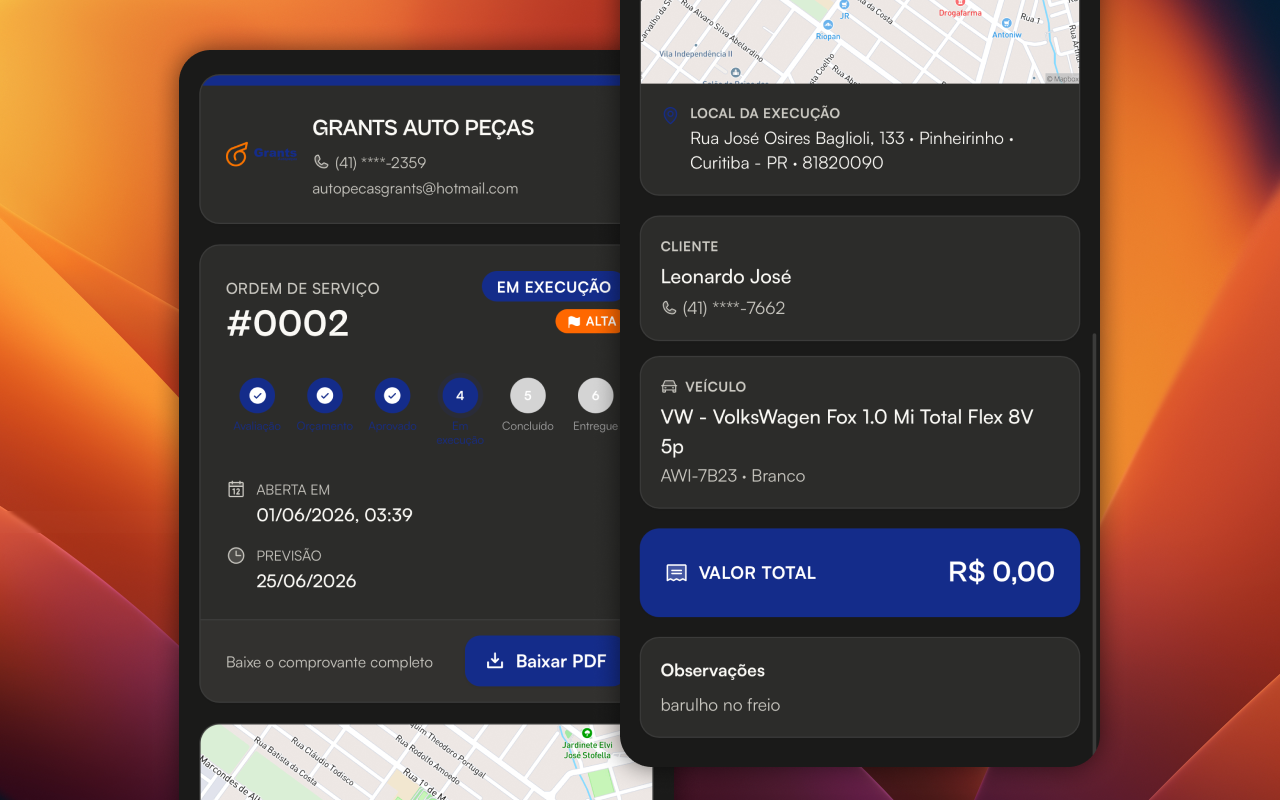 Página pública de acompanhamento da OS no celular do cliente, com branding da loja Grants Auto Peças, status Em execução, valor total e botão Baixar PDF