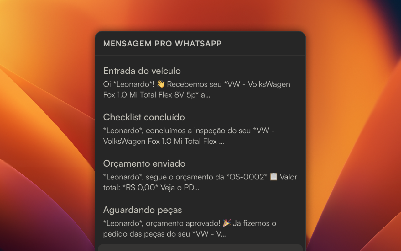 Tela de configuração das mensagens automáticas pro WhatsApp em cada etapa da OS: entrada do veículo, checklist concluído, orçamento enviado e aguardando peças